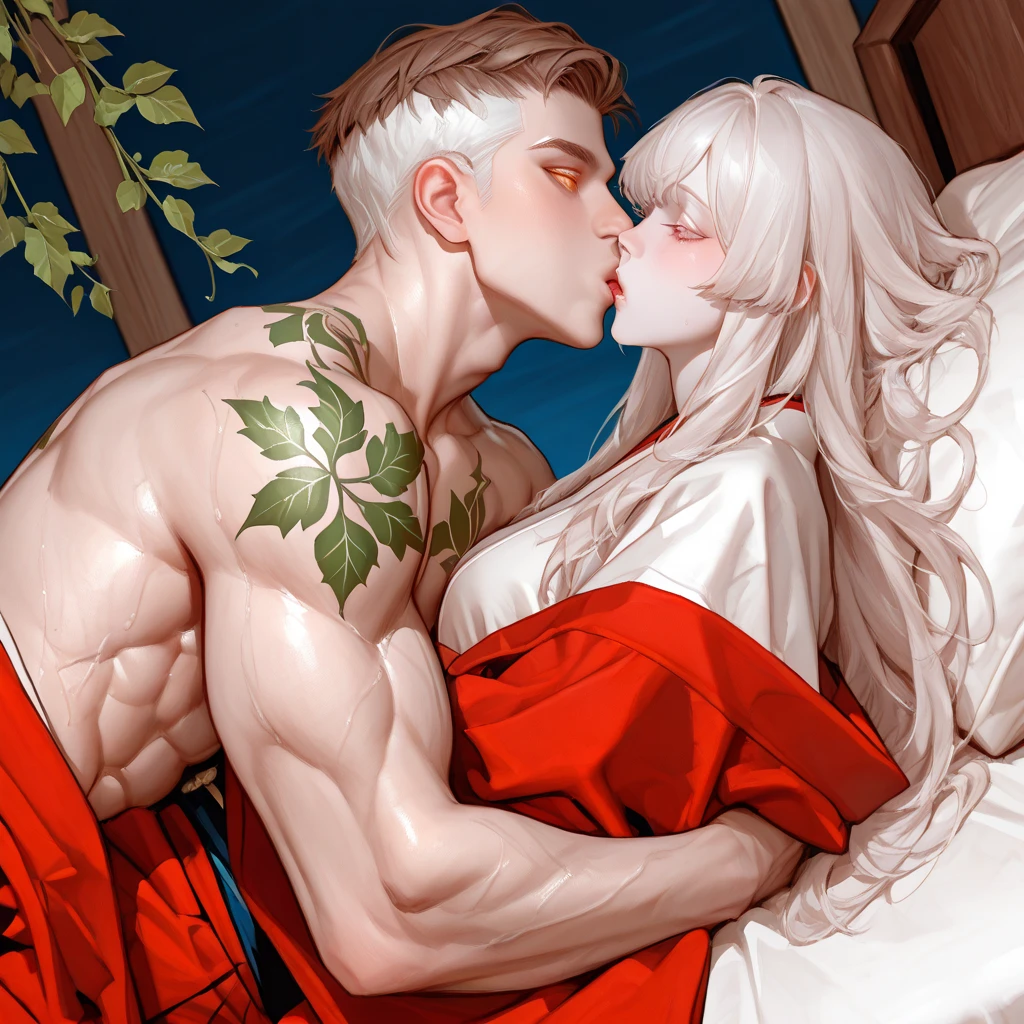 (Masterpiece), Best Quality, ultra-detailed, perfect hands, perfect legs, 1girl (anosillus II, Slender and sexy body, Big and pretty breasts, naked body, dark skin, white hair, very long wave hair, red eyes, half-closed eyes),evil face, smirk, parted lips, mascara, full makeup, black eyeshadow, red lipstick,  solo, nude,nude, night time, in the bedroom, standing, , incoming hug sex, womb tattoos, shoulders tattoos, neck tattoos