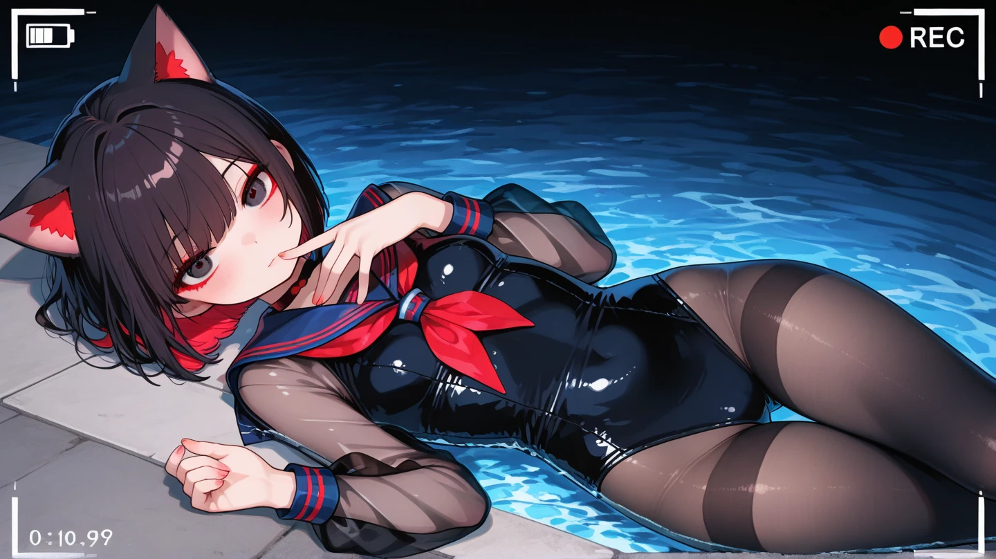score_9_up, score_8_up, score_7_up, 1girl, solo, mature female, Sarada, looking at viewer, black short hair, red eyes, red lips, parted lips, glasses, black seductive swimsuit, fit slim body, perfect small erected breast,((yacht cabin)), night time, rolled eyes, standing on all fours on a coach with spread legs, licking penis, tongue licking penis