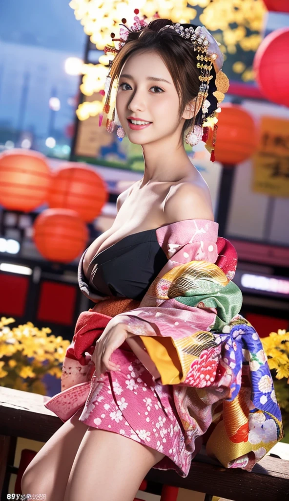 (8k, best quality, masterpiece:1.3), extremely cute and beautiful girl, 1girl, Times square garden at night, full body, 32k, RAW photo, realistic, photo-realistic, twin-buns hair, chestnut hair, looking the viewer, facing the viewer, medium-breasted, ((red cleavage cut-out gothic kimono dress with small gold detailed)), lace, brown eyes, Ultra-detailed face, Detailed eyes, Double eyelid, chestnut hair, cleavage, (Beautiful Breasts:1.3), (Abs, Slender Figure: 1.2), Sharp Focus, (((Intricate Details)), High Detail, ((frame the head)), sexy model pose, light grin smile, full body image, close mouth, stylish model posing, perfect anatomy, perfect proportion, light grin smile, blush, both hands on behind back on hip, arms down,