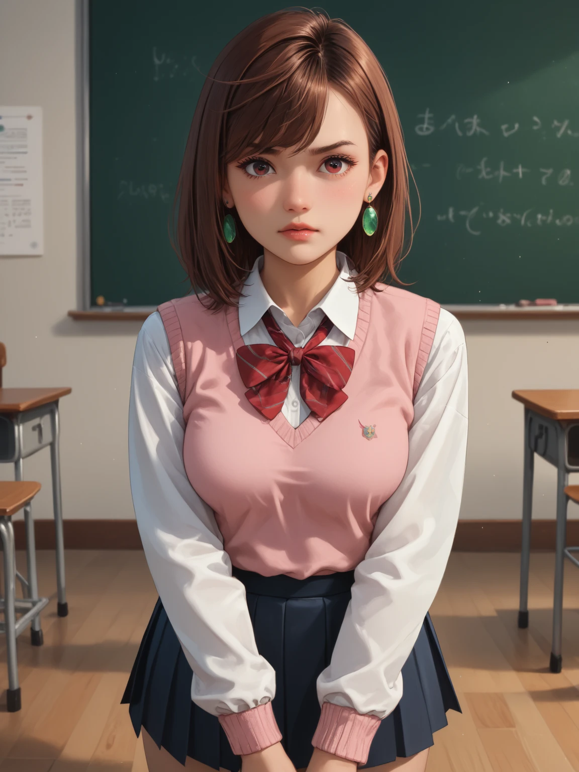 ayase_wz, medium hair, brown hair, brown eyes, medium breasts, posing embarrassed, green earrings, red face, medium breasts, detailed background, indoor, school, skirt, school uniform, pleated skirt, shoes, socks, loafers, sweater vest, pink sweater, shirt, white shirt, collared shirt, earrings, green earrings, SCHOOL, classroom, classroom