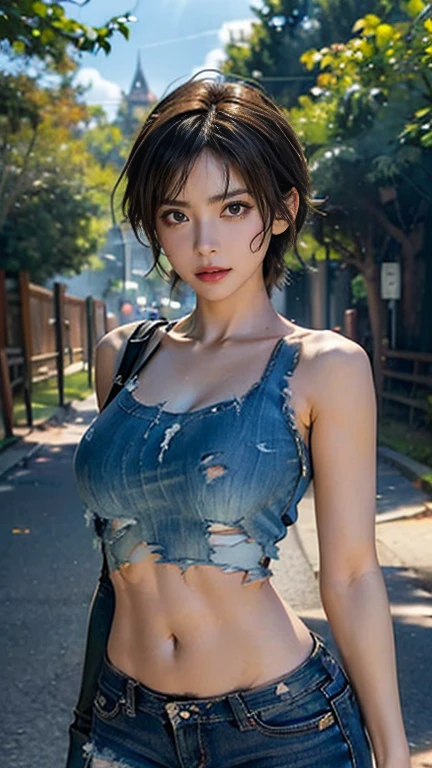 (A seductive smile:1.3), (1girl in, Japan Person Model,Raw photo, Real person:1.4) photograph, (Professional Lighting), (((extremely detailed eye and face))), ((Double eyelids)), (Sharp Focus:1.4), (Classy makeup, eye line, mascara), Colossal tits, Shiny skin, 20yr old, ((Slim body, slender)), ((Red-brown hair, Ponytail)), (Not wearing underwear, Denim pants about to be taken off, Wet tank top, Pull the shoulder straps, Navel exposed pussy, teats see through:1.4), alluring face, Tifa Lockhart, NSFW, plein air, Urban roads,