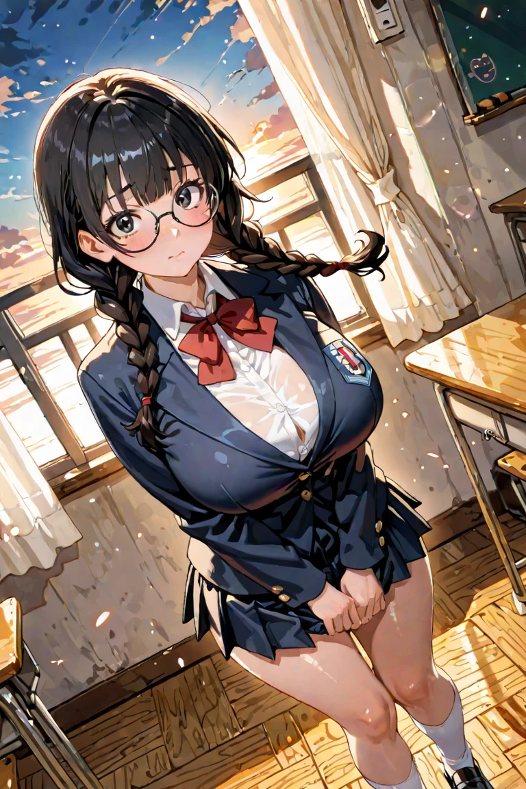 Trading card of woman, glasses, big breast, sexy pose, white shirt, plaid skirt, pigtails