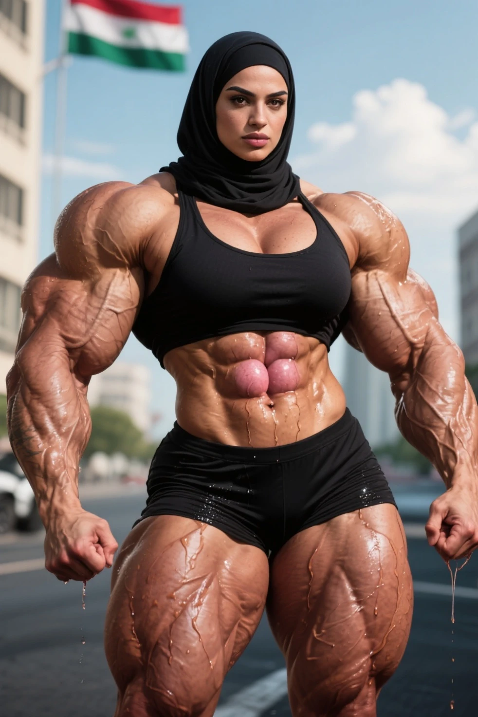 Photorealistic, high resolution, 1 malay woman in hijab, Solo, Hips up, Battlefield background,view the viewer, (Detailed face), White hijab, SWAT vests, sniper rifle handle, Naked, bulletproof vest, Holding an assault rifle, M16, Inside the city, Very detailed, Perfect face, Black eye, jewelry, muscles shredded, veins everywhere
HDR, perfect body view, girl nude, full naked, (Detailed body), Sharpen, shoulders, biceps, triceps, chest, breasts veined, abdomen, pussy veins, Lifelike,masterpiece