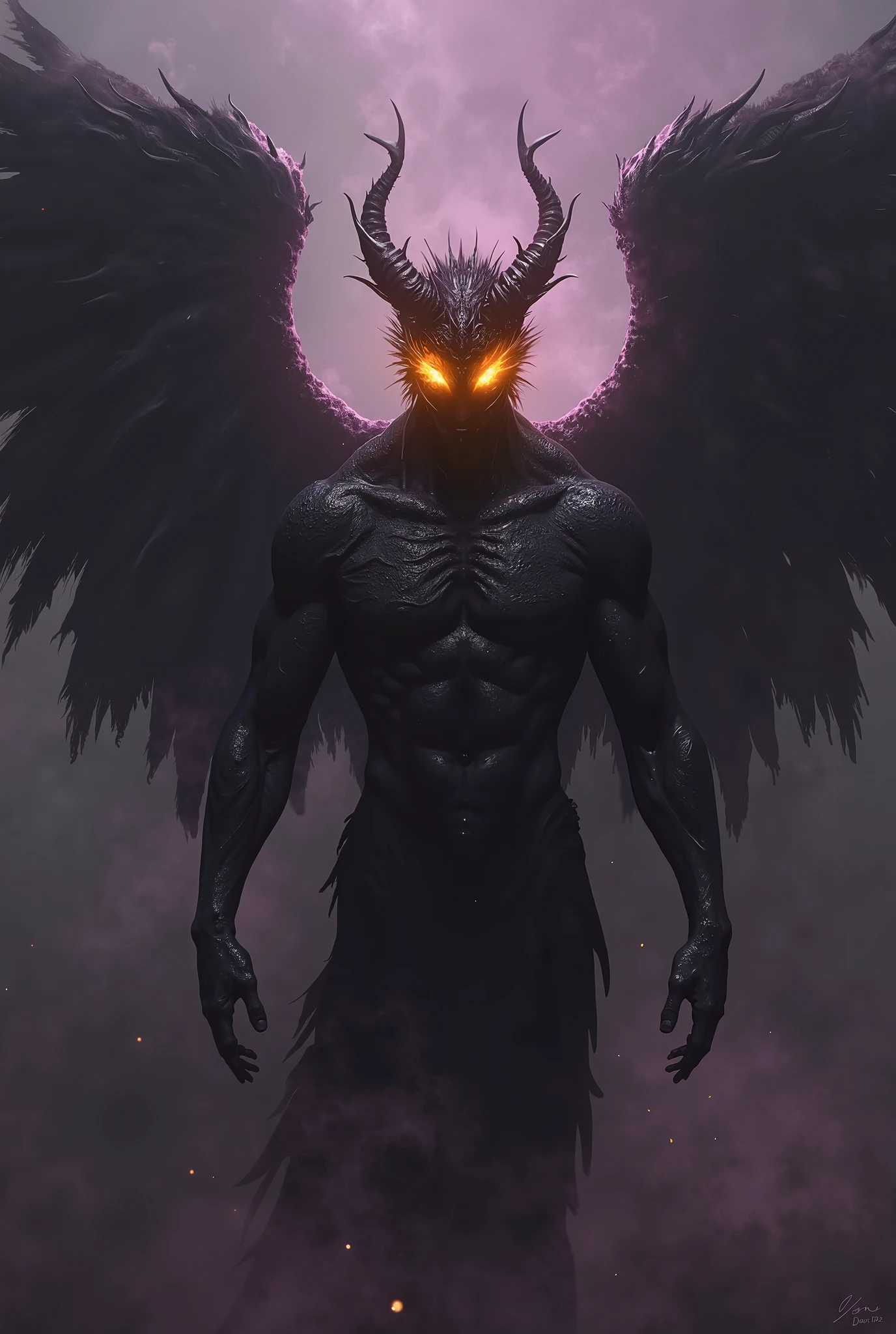 a demon with a huge head, slender body, a single eye, body covered in black cloth like rags, elongated fingers, extremely large mouth with sharp white fangs, two small horns on the head and small wings next to them, one-eyed evil gaze alone, hellish bottom.
