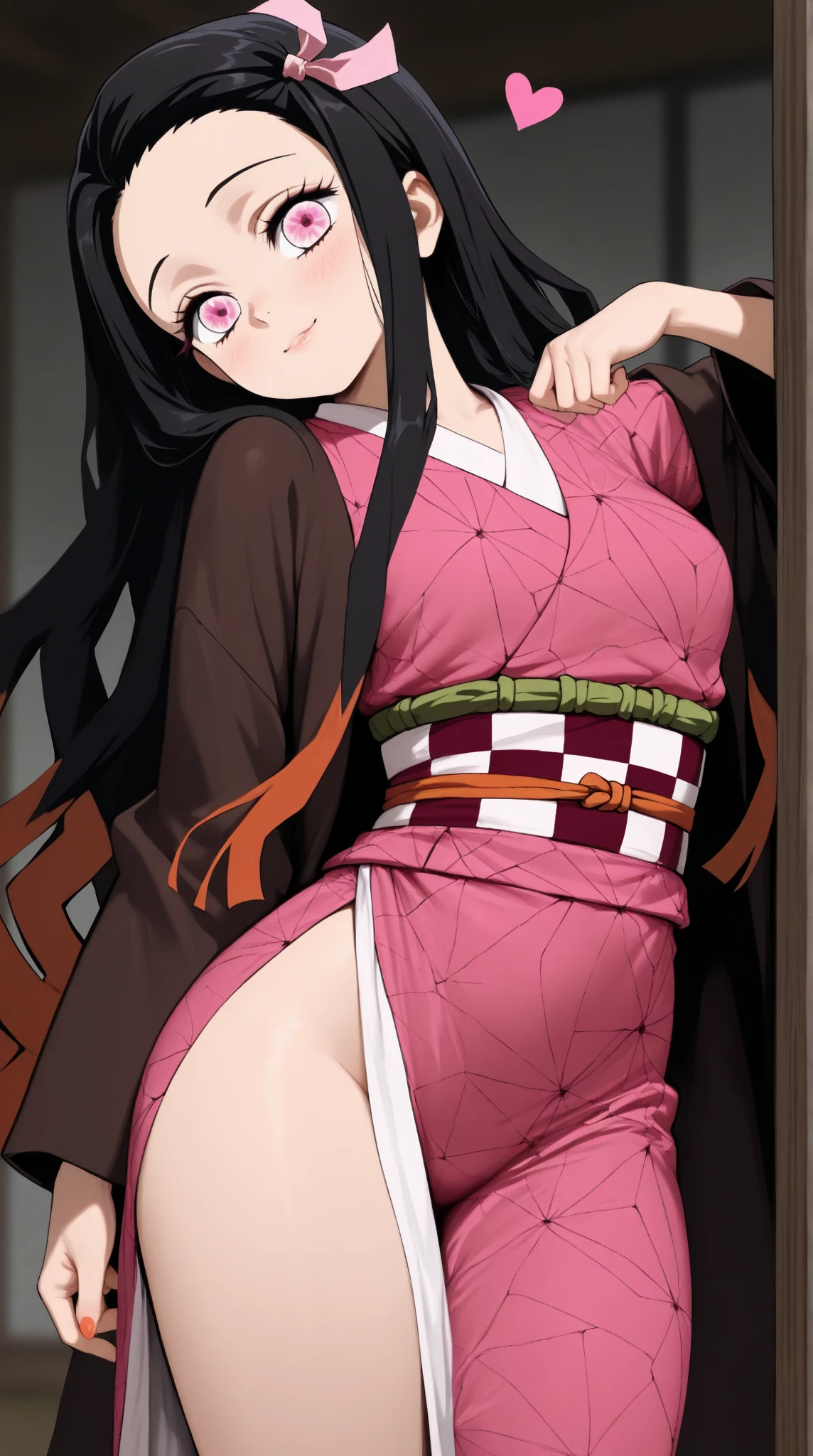 1 woman, full body, nezuko kamado oni mode, demon slayer, Kimetsu no yaiba, beautiful, long hair, pink eyes, perfect, ultra hd, naked, showing her breasts, showing her pussy, nails like claws, perfect feet, demon slayer scenario, under a sakura tree, sakura leaves falling from the sky face ira, beautiful feet, beautiful pussy, beautiful teets