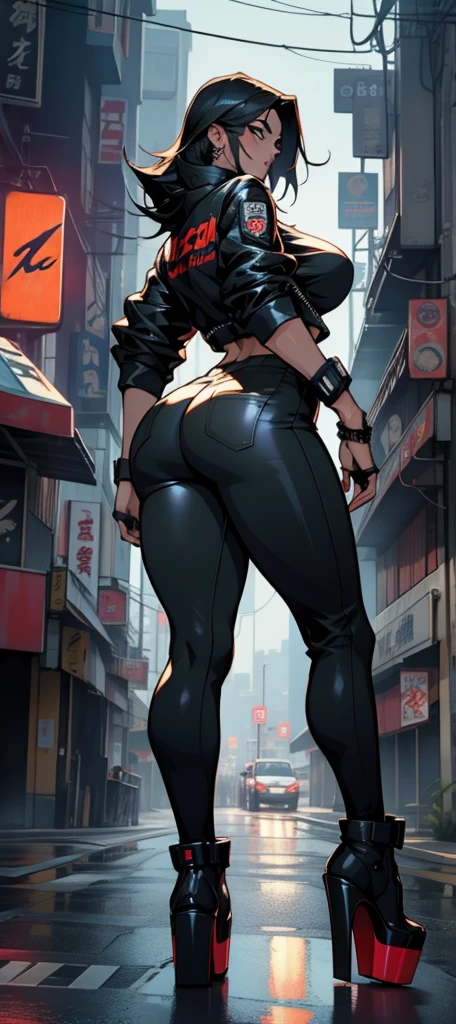 Una mujer con un vestido verde sentada en una repisa,fubuki de One Punch Man, Hermosa chica de anime en cuclillas, Fubuki, Thicc, Ella lleva un vestido verde oscuro, fubuki, peeping from behind, Postura de la espalda, Full growth from behind, Growing from behind, seductora chica de anime, Anime woman