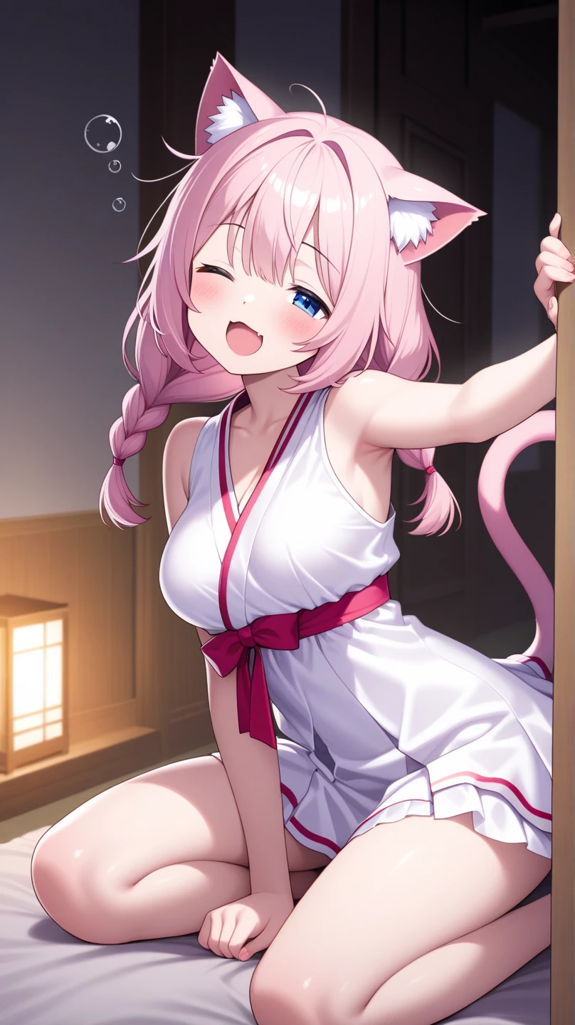 Koneko Toujou (DXD), 1girl, cat ears, nurse, nurse cap, cat tail, pink nurse outfit. small breasts, standing