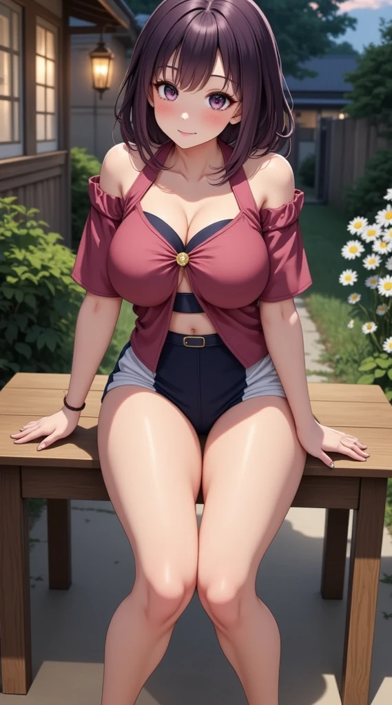 nsfw, 8K raw photo, Best quality, masterpiece, ultra high res, film grain, filmg, 1girl, looking at viewer, natural skin texture, realistic eye and face details, full lips, lipstick, (makeup), red eyeshadow, fluffy short hair, messy hair, smile, close mouth, beautiful legs, tall female, skinny, slim_legs, solo, enormous breast, Pose with buttocks facing you, ass, shirt, beautiful nature location, around flower location, (detailed background), enormous breast, blurry background, blurry, holding,, jk ribbon on the neck, jk ribbon, brown hair, bracelet, water, bangs, , jewelry, parted lips, lips, from side, depth of field, full body (NSFW breasts), hdri, extremely naked, nude, nua, pelada, nsfw, gigantic breast