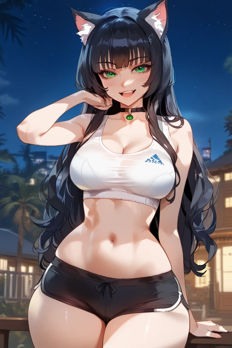 masterpiece, best quality, high detail, beautiful woman, solo focus, long wavy hair, dark red hair, large bust, ((yellow tank top crop top)), ((black maxi pencil skirt)), midriff, wide hips, looking at viewer, lower body, hand up, full-face blush, smile, beach, summer, cloudy sky, sun, sweaty, very sweaty, ocean waves,