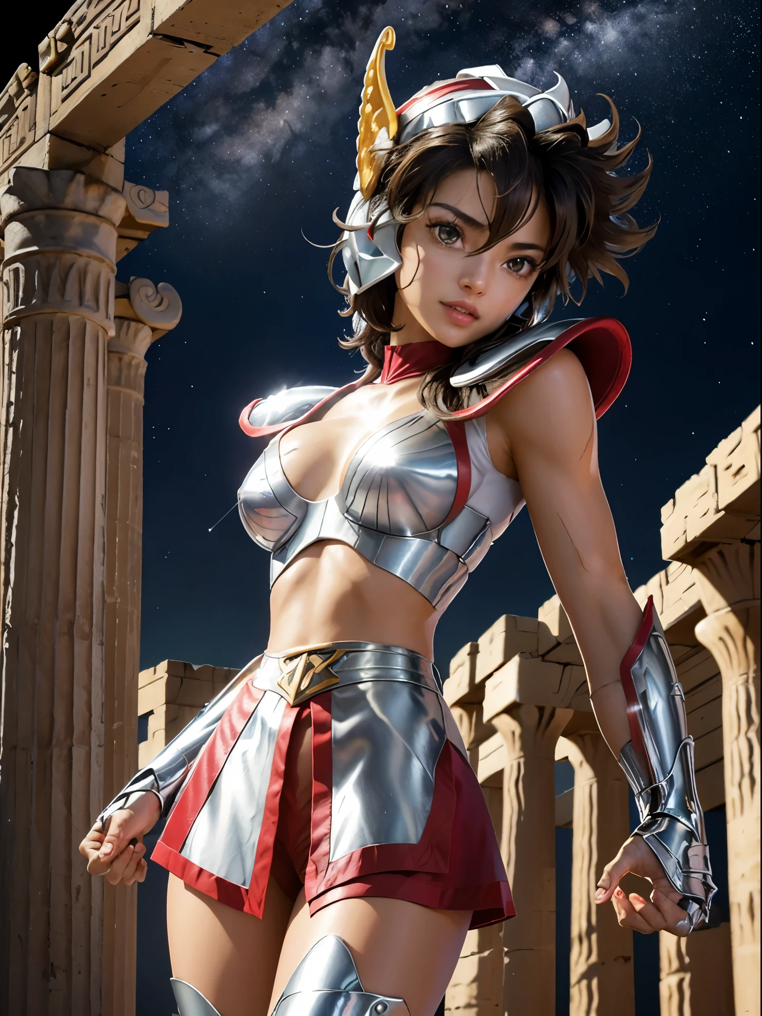 masterpiece, best quality, ultra high res, realistic skin texture,silver armor, armature, (photorealistic:1.4), high resolution, raw photo, 1 girl, shiny skin, (detail skin:1.2), realistic skin texture, best lighting, wearing red panty, (perfect breast:1.3), sparkle, mecha armor, (short hair:1.2), (Pegasus Seiya:1.2), wearing a winged helmet, dramatic lighting, dynamic pose, (greek temple background:1.3), night sky, cosmos, milky way,