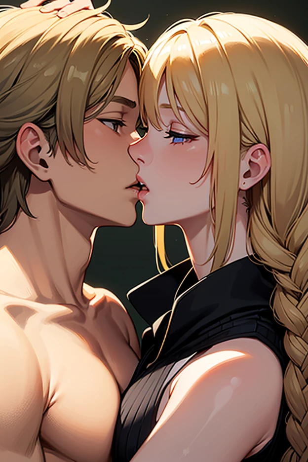 guy with messy blonde hair and green eyes has sex with girl with black hair and red eyes