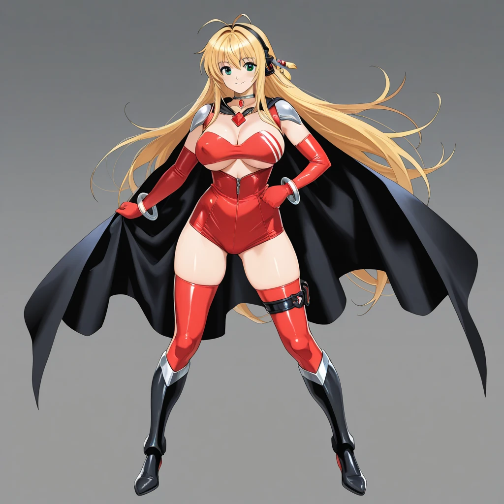 Masterpiece, Best Quality, Highly detailed, illustration, absurdres, street fighter, doll suit, shadaloo doll, nazi saluting, military, military saluting, salute, 1 girl, solo, expressionless, emotionless eyes, looking at viewer, red gloves, emotionless, black latex, corrution, zofa suit, zofa soldier, mind control, female combatant, full body, hypnotized, standing, standing at attention, unhappy trance, full body suit, leotard, eagle emblem, belt, yuka goha, yugioh sevens, brwon hair, long hair, grey eyes
