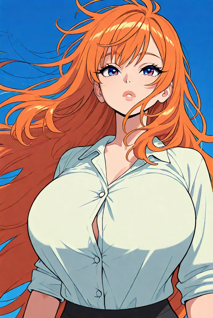 annette_student, long hair,orange hair, blue eyes, naked, long white elbow gloves, covering boobs with arm, embarrassed look, speech bubble that say : i only can wear long white gloves? i never knew you to be perverted Felix