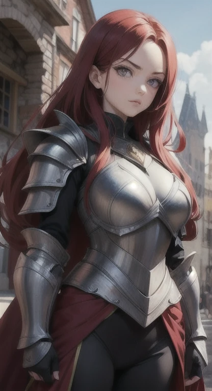 woman, dark skin, bright red hair, Brown eyes, armor