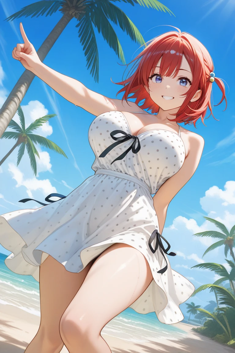 1girl, red hair, bikini, white bikini, skirt, large breasts, thick thighs, very short hair, skirt bikini, beach, serious, red trim, miniskirt