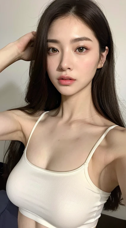 (Photorealistic),(Masterpiece),(ultra-detailed),a very close selfie of very pretty and tall idol girl but so busy that she had starved for a month so very close to fainting but somehow stays conscious for her fans and has extremely thin which are just bones and thinner than sticks and she is wearing a white loose silk dress,ghostly appearance because of thinness but beautiful