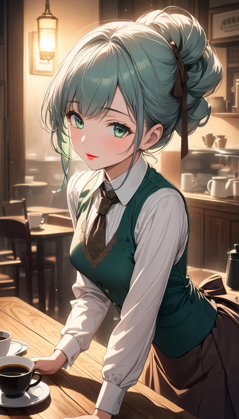 (tmasterpiece), (Best quality at best), 超高分辨率, The upper part of the body, (From the ground), (steampunk theme:1.3), Volumetriclighting, ((1 Mature Mature Woman Person, Alone)), Very stunning and gorgeous mature woman, beautifully detailed hair, Chestnut brown hair, Long smooth hair, Hair flutters in the wind, beautiful  detailed face, perfect female face, ((beautiful shape eyes, green-eyed)), Comfortable face, ssmile, looking at viewert, Female steampunk black and white suit, In a steampunk restaurant, At night
