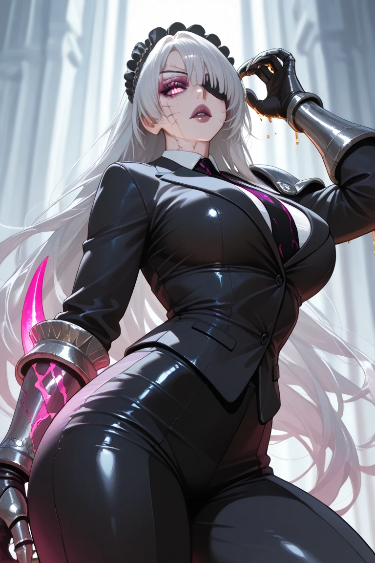 Anime silver slime queen, long Mid gray pony tail, Gray Chateau skin and face, evil look, Pink eyes, Mid gray crown with fiery pink jewel on center of crown, Mid gray Suit, long black gloves, Mid gray slime tail. sitting on throne.