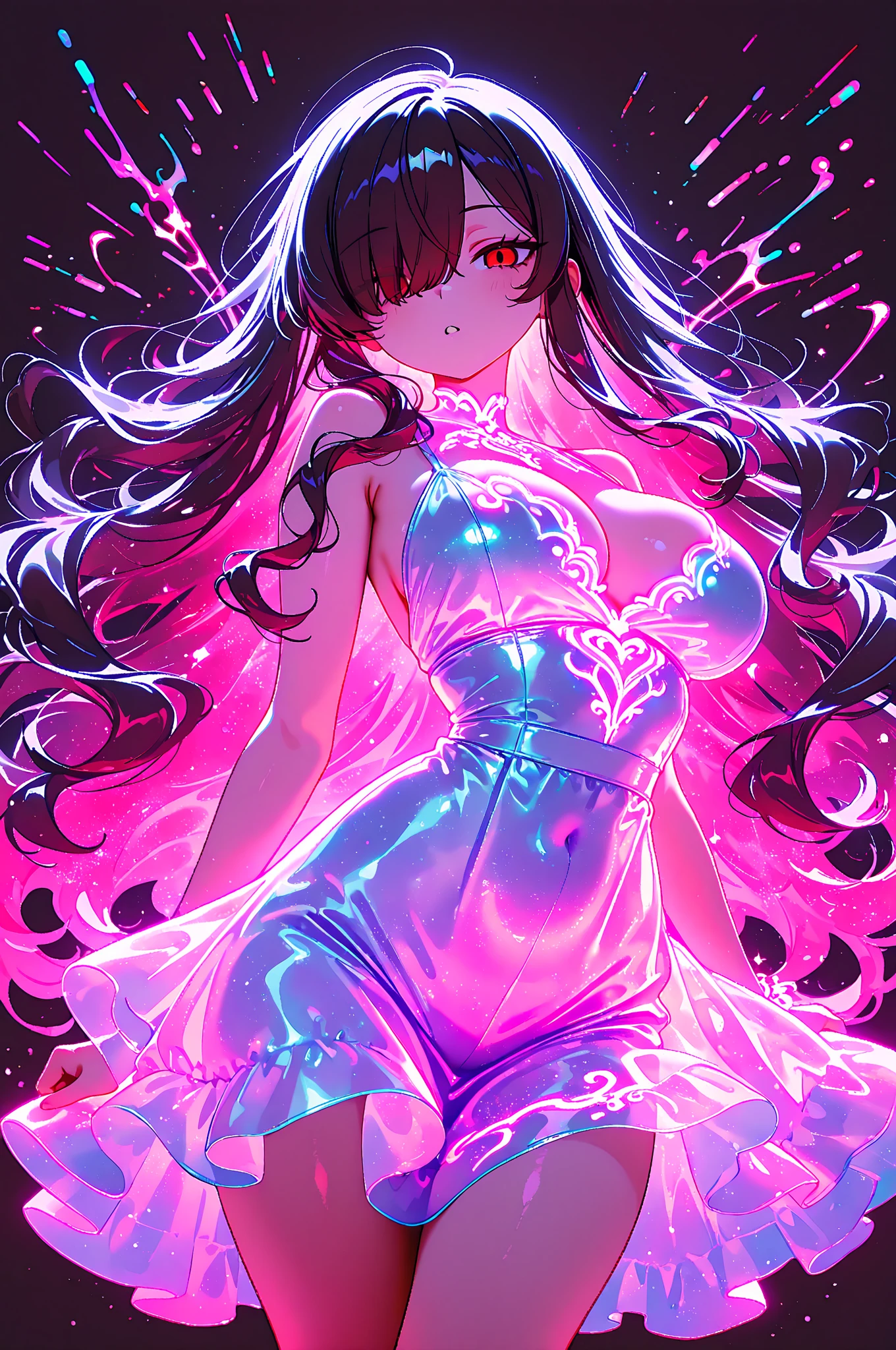 A girl whose whole body is soaked with sweat。Smiling and sweating on my forehead。The background is an urban city。My crotch is leaking。The outfit is a short pink camisole.。