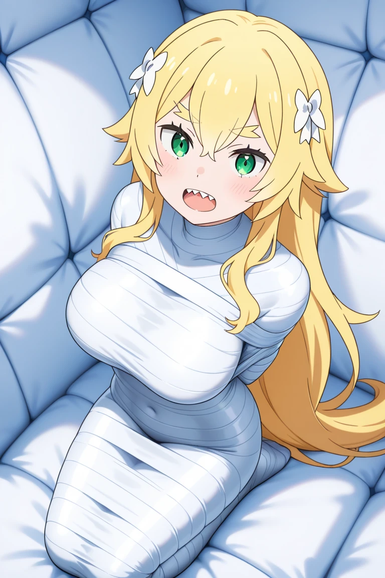 masterpiece, best quality, illustration, highly detailed, Lillie(pokemon) length hair, blonde hair, twin braids, messy hair, breasts out, unique hair detailed, beautiful detailed eyes, cleavage, snake, (python), (coiled), snake scales detailed, snake wrapped tightly, restrained, shocked face, crying, bikini