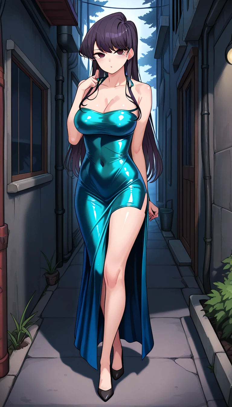 1woman, solo, blue hair, gradient hair, green hair, masterpiece, best quality, highres, plunging v-neck dress, open back, sleveless, elbow length gloves, elegant, refined, wide-brim hat with rose, high heels, open side, v-neck to navel, long hair