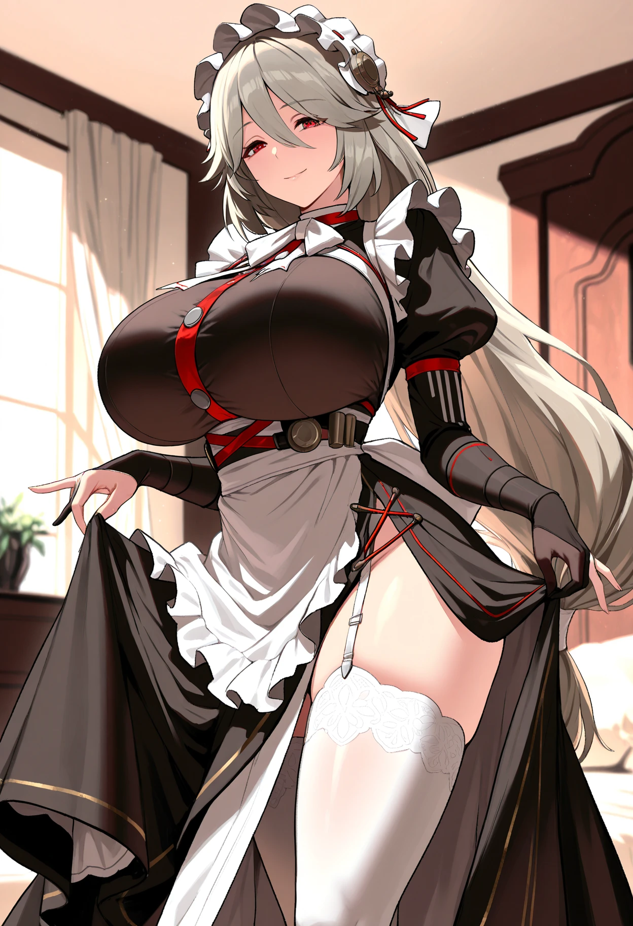 charybdis\(azur lane\), \(origen\), enmaided, indoors,outstretched_hand, masterpiece, best quality, extremely detailed face, sharp details, high contrast,1boy, 1girl, (((vulgarity))), (cowgirl position), sit astride, (girl on top), (straddling), hetero, trembling, humid, nipples, ass pov, (sex), penis, large penis, vaginal penis, pussy cum, pussy juice, sweat, (spoken heart), breast focus,
