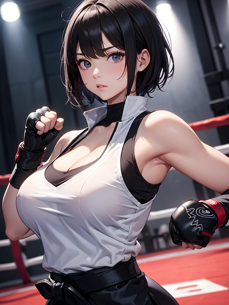 One woman,Big Breasts,Mixed Martial Arts,Wire Mesh Cage,Black hair with red(1.5),short hair,Tight short black tank top,Tight white shorts(1.3),Fighting Boze(1.5)