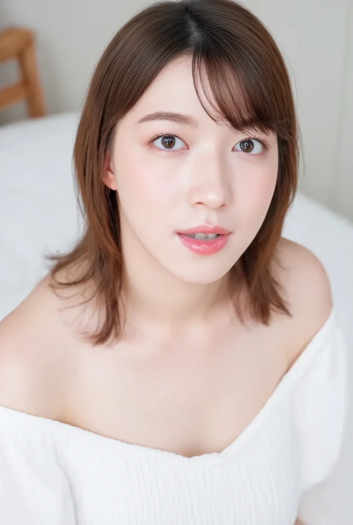 Blown by the long wind [Blue-black:.3] hair,Looking at the audience,  (8K, Realistic, RAW Photos, Highest quality: 1.4 Japanese, (1 Girl), Beautiful Face, (Realistic face),{Wavy medium hair|Front hair long bob|short hair with long bangs}{Black hair|Brown hair|Blonde hair}, Beautiful hairstyle, Realistic eyes, Beautiful and beautiful eyes, (Realistic skin), Beautiful Skin, charm, Ultra-high resolution, Surreal, Very detailed, Golden Ratio,shame(Blushing:1.3),(Topless:1.2),Small areola、 can see your belly button)、(Small eyes)、(Nude),(just),(naked),(White skin),Bathroom、Sit in the bathtub、Place your hand on your chest、smile