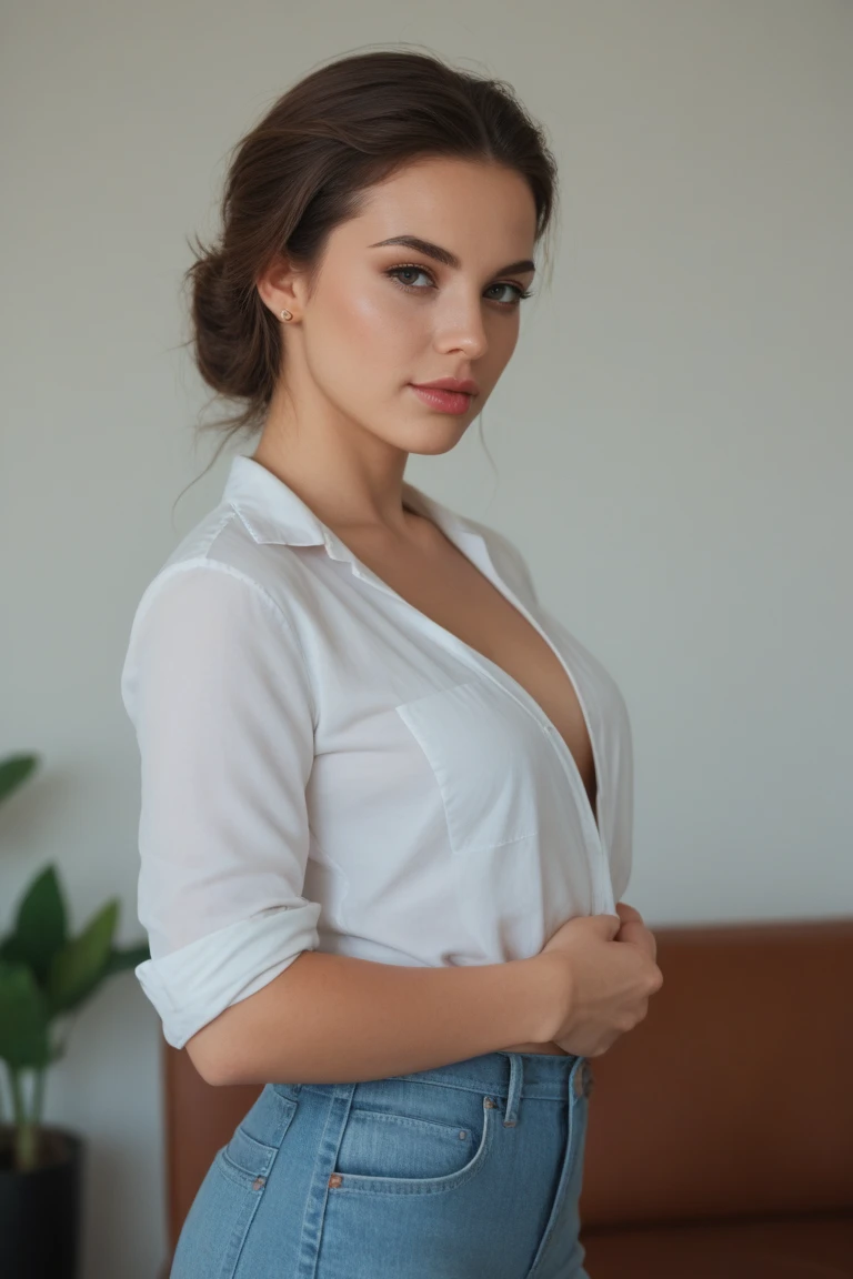 (8k, CRU photo, best qualityer, work of art:1.2), (realisitic, photo-realisitic:1.37), ultra detali,
1 girl,cute, standing alone,beautiful detailed sky,detailed coffee,natta,sitting down,falling in love,(Blushing Nose),(ssmile:1.1),(cloused mouth),breasts big, seductive ssmile, big apartment, professional lighting, Sony A7R4, Zessie 50mm F1.8,, holding bag in front of waist:1.55,mole under the eye:2.80 breasts big,beautiful detailed eyes,(white sexy blouse:1.1), butterfly necktie, jeans,(shorth hair:1.2),floating hair
