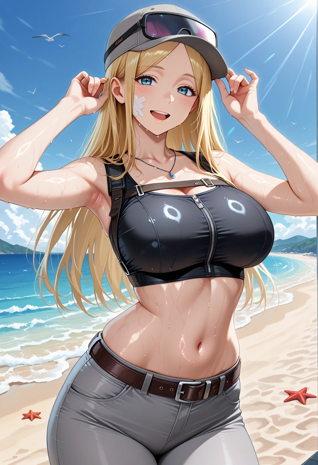 （（（masterpiece、Highest image quality、highest quality、highly detailed unity 8ｋwallpaper）））、（（Illustration of one girl））、（（（beautiful girl）））、（（orange hair、side ponytail、sidelocks：1.4、orange eyes））、（（（stocky build, thickset physique：1.3, muscular legs, broad shoulders, solid chest：1.3、hairy armpits：1.4）））、(armpit hair:1.4)、swimsuit、sandy beach