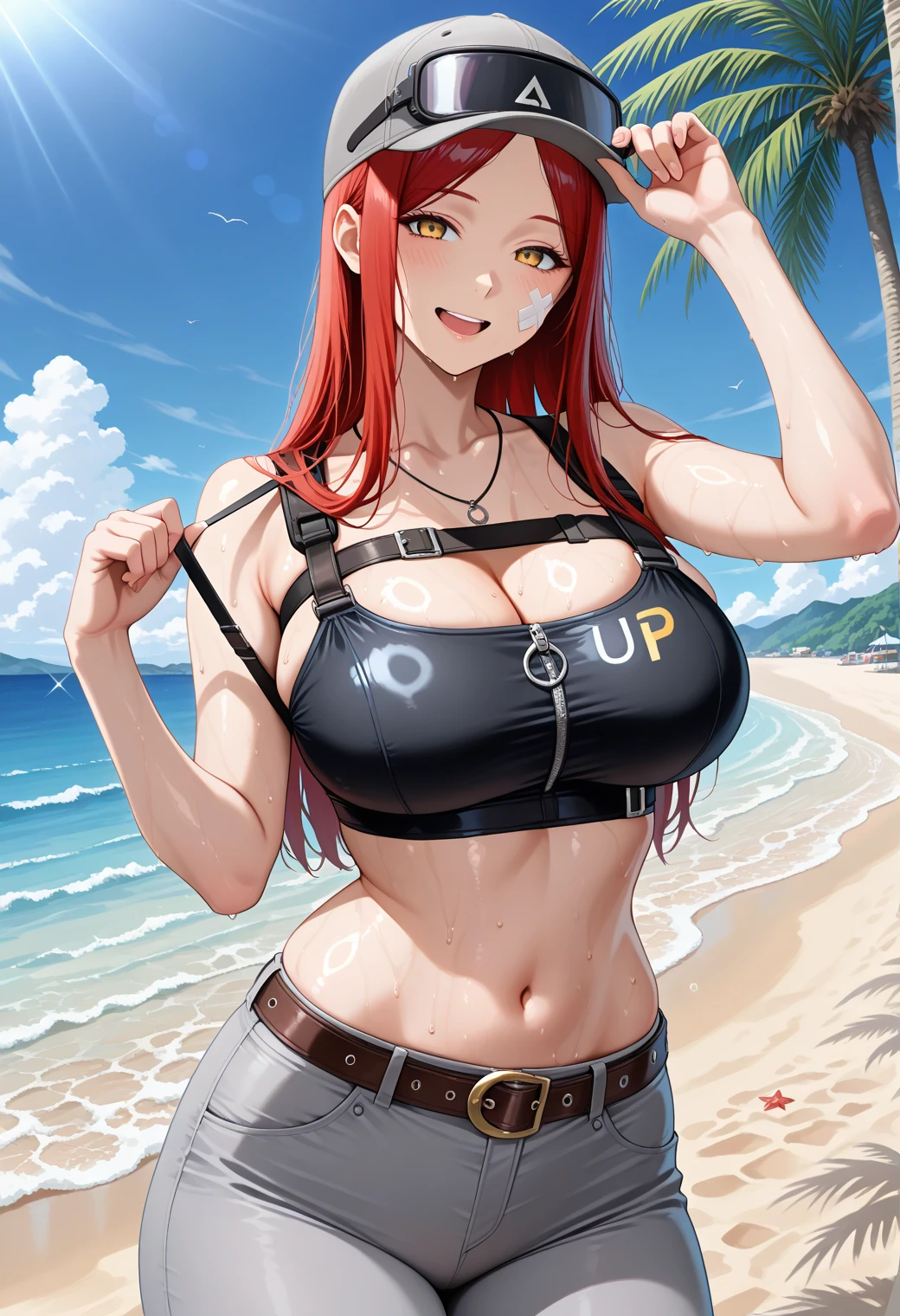 Masterpiece:1.2, Best quality), Realistic, (Real picture, Intricate details, Depth of field), (1girll, Solo), make up, parted lip, highly detailed, Perfect face, (Huge breasts:1.4), (skin indentation), Thick thighs, Wide hips, Small waist, Tall, glossy coral lips, red hair, hair straight,Delicate and beautiful hairstyle,red color eyes, pony tails, (A girl playing beach volleyball, white volleyball suit), (full of sweat:1.2), (Wet), Sexy, Blushing, (gigantic cleavage breasts:3.0),(see-through shirts:1.2),(open shirts) --auto