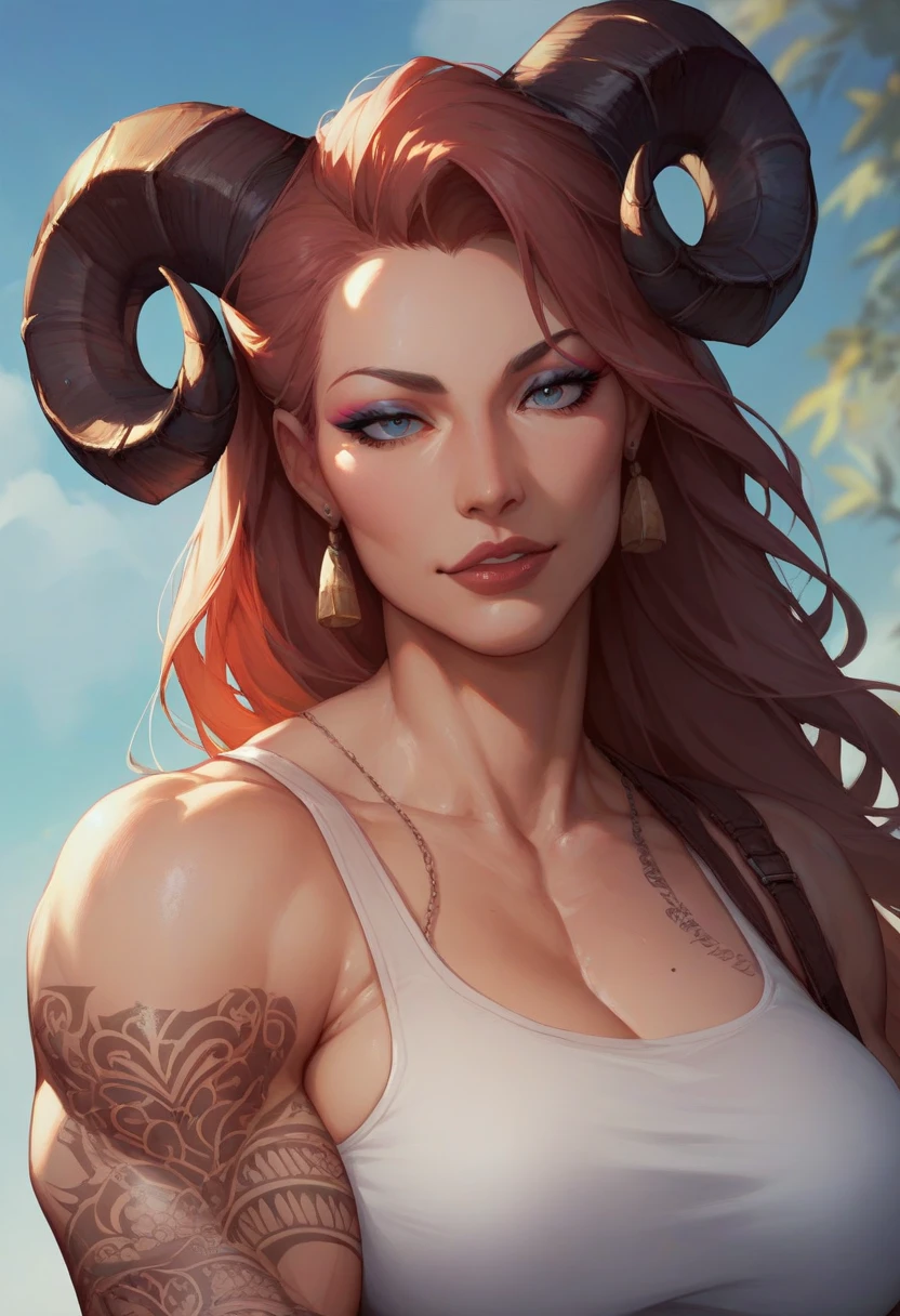 Woman represented by the zodiac bull sign, with horns, determined, imposing, muscuolosa
