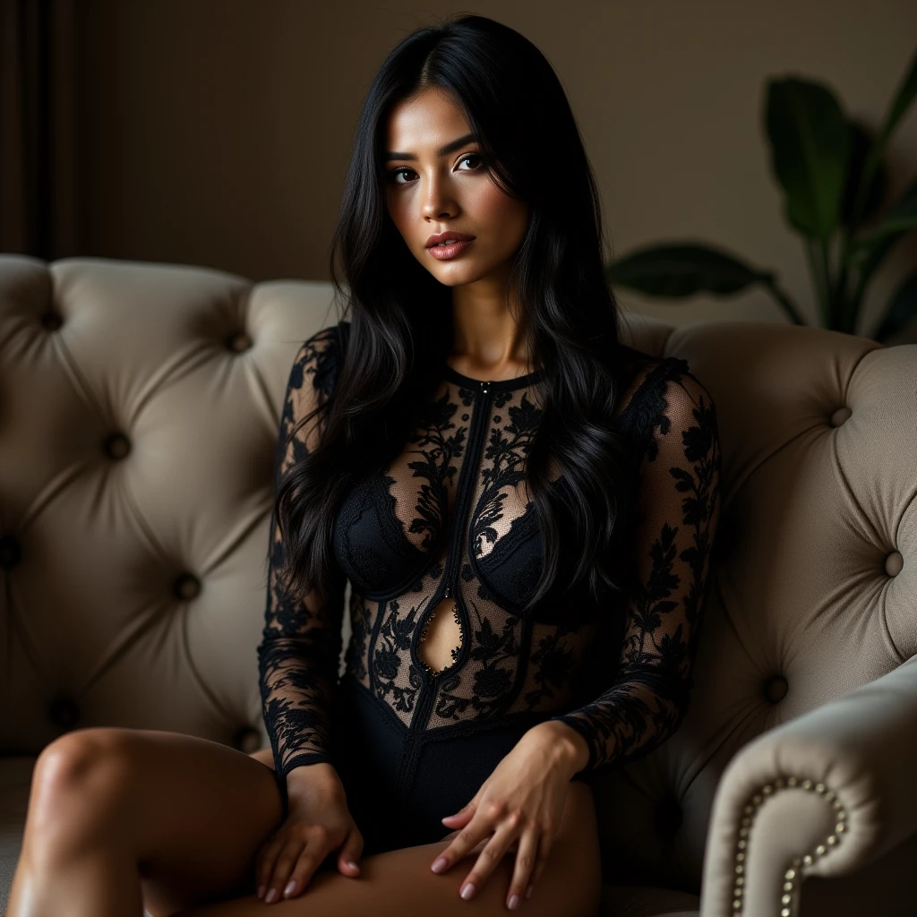 Young Thai woman, Fit physique, fitness physique, wearing sexy black lingerie sitting on the couch with legs open, corps sexy, (8k), (Best quality), (Masterpiece:1.3), (Realstic), (photoreallistic:1.34), Ultra-detailed, [beautiful detailed  eyes], (sourire), (sourire), (beautiful nose detailed), [very long blonde hair], (haut court), lingerie noire, (superbes seins taille normale), (gros plan), profondeur de champ, full body view, sitting on sofa, legs spread, showing crotch, pieds en l'air