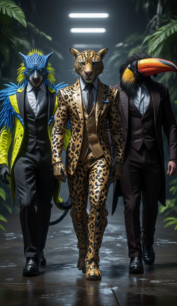 Three marked men wearing underwear 1 zebra 2 tiger 3 jaguar in a jungle background on arm
