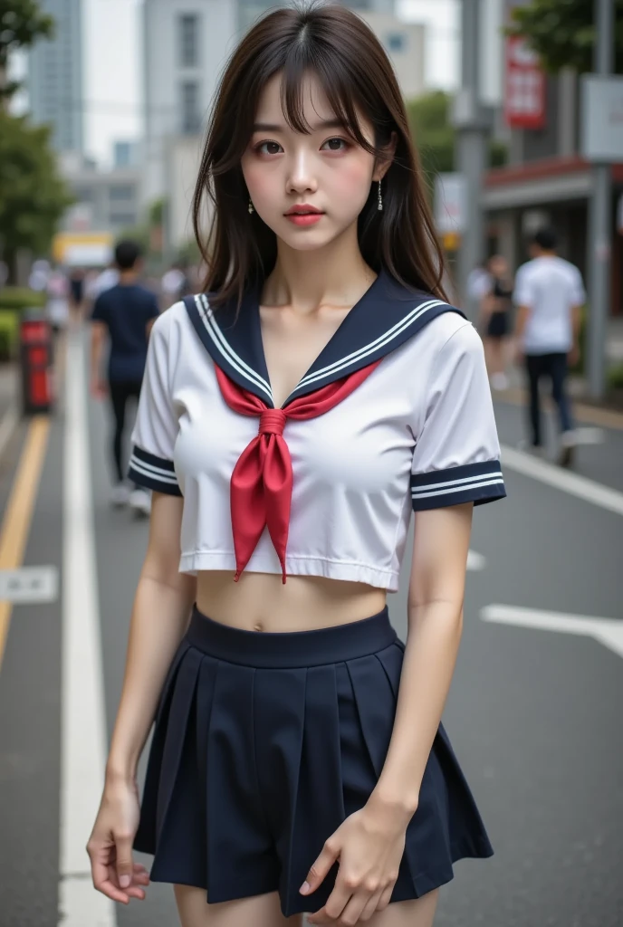Sailor suit、She is taking off her navy blue skirt、Pulling down her skirt、White panties are visible、Short pigtails、Small breasts