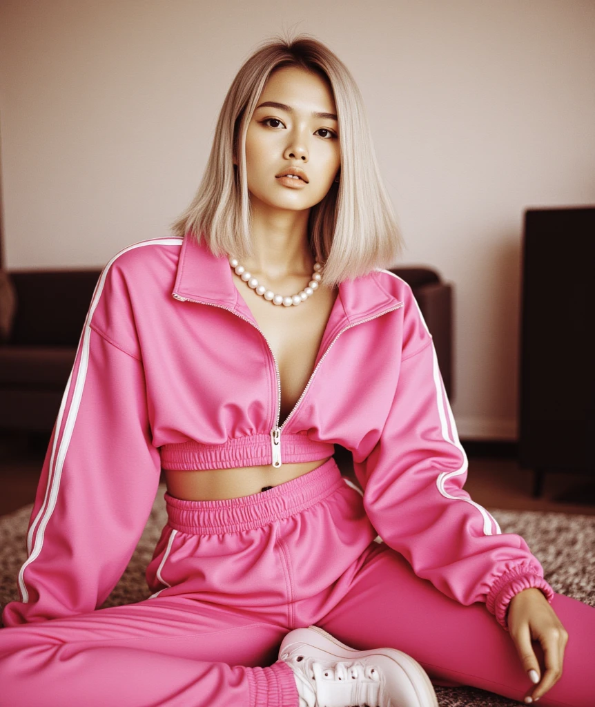 gyaru, dark-skinned, shiny oiled skin, blond hair, wearing pink tracksuits, smoking cigarettes, in the night park