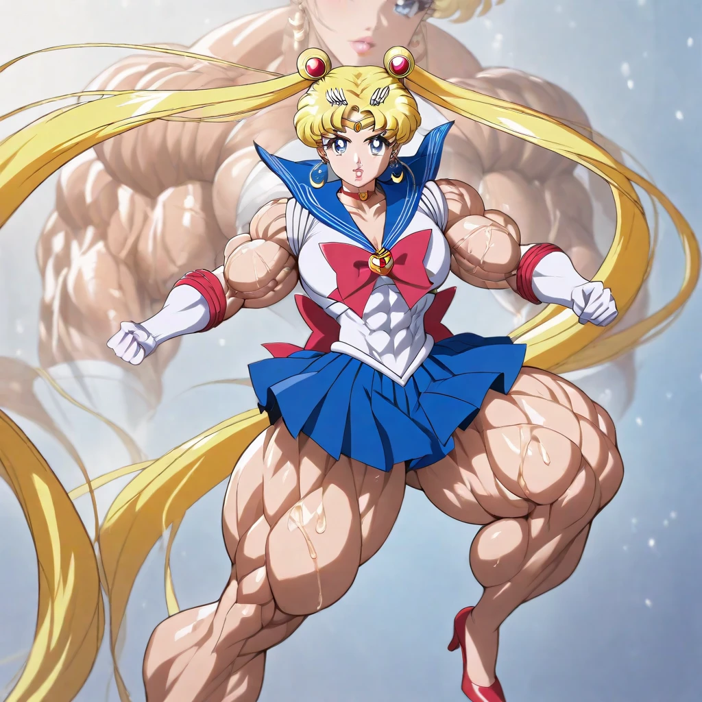 Dark Background, Seaside, night sky, super blue moon, (((Sailor Moon))), Tsukino Usagi, Serena Tsukino, Gentle and pretty face, smile, ((white translucent gloves)), ((white gloves up to elbow)), (a blond, Twin-tailed hair), ((a sailor suit, a miniskirt)), (full-length portrait), (Female Bodybuilder), navel, (surprisingly muscular body), (red boots), Reallife Human,blonde hair,high school girl,
