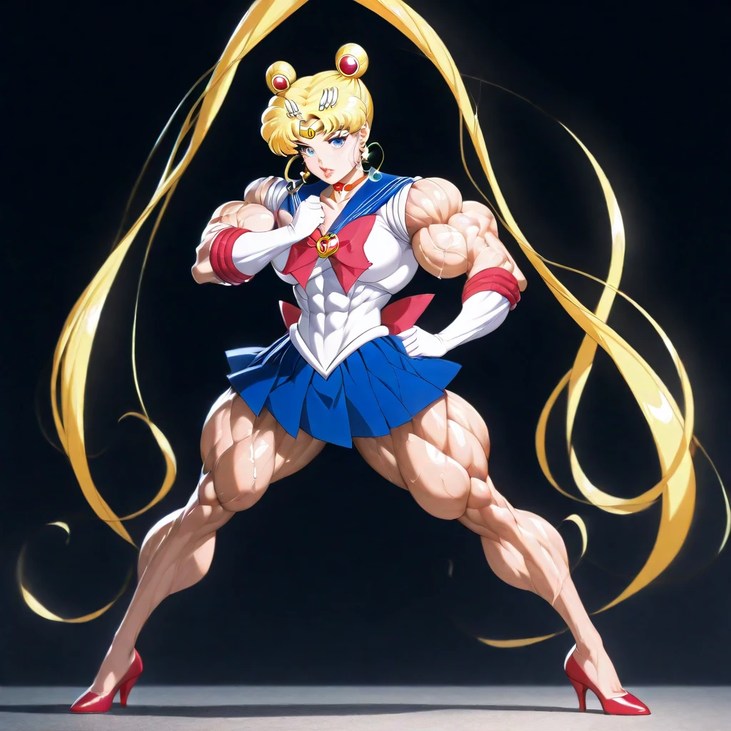 (((Sailor Moon))), Tsukino Usagi, Blonde hair, Female Bodybuilders, massive muscles, (((Symmetrical posture))), ((Squat)), (Sumo squatting in a blacksmith shop), ((Grab the iron rod with open arms)), ((Put an iron rod around your neck)), gym, full-length portrait, (full front view), (Sweat-drenched body), ((Sailor Suit, bikini bottoms)), tears、(Expression of suffering), (angry expressions), (sneakers), Gym background, (Full body shot)