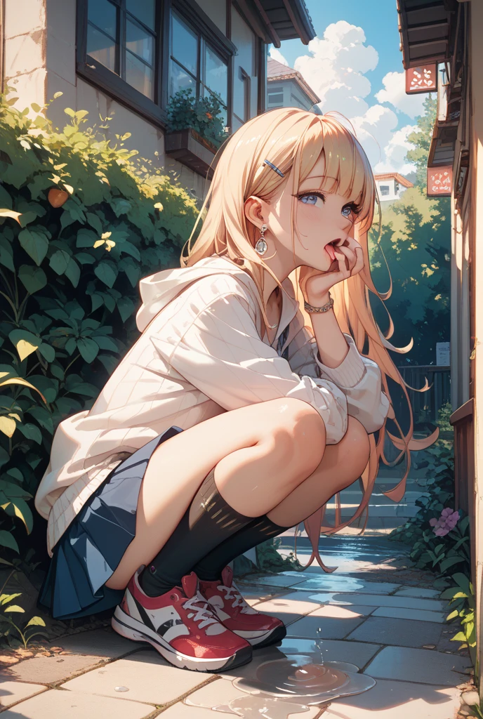 Beautiful girl with long blonde hair is sitting on a park bench and waving to me。High-quality illustrations。