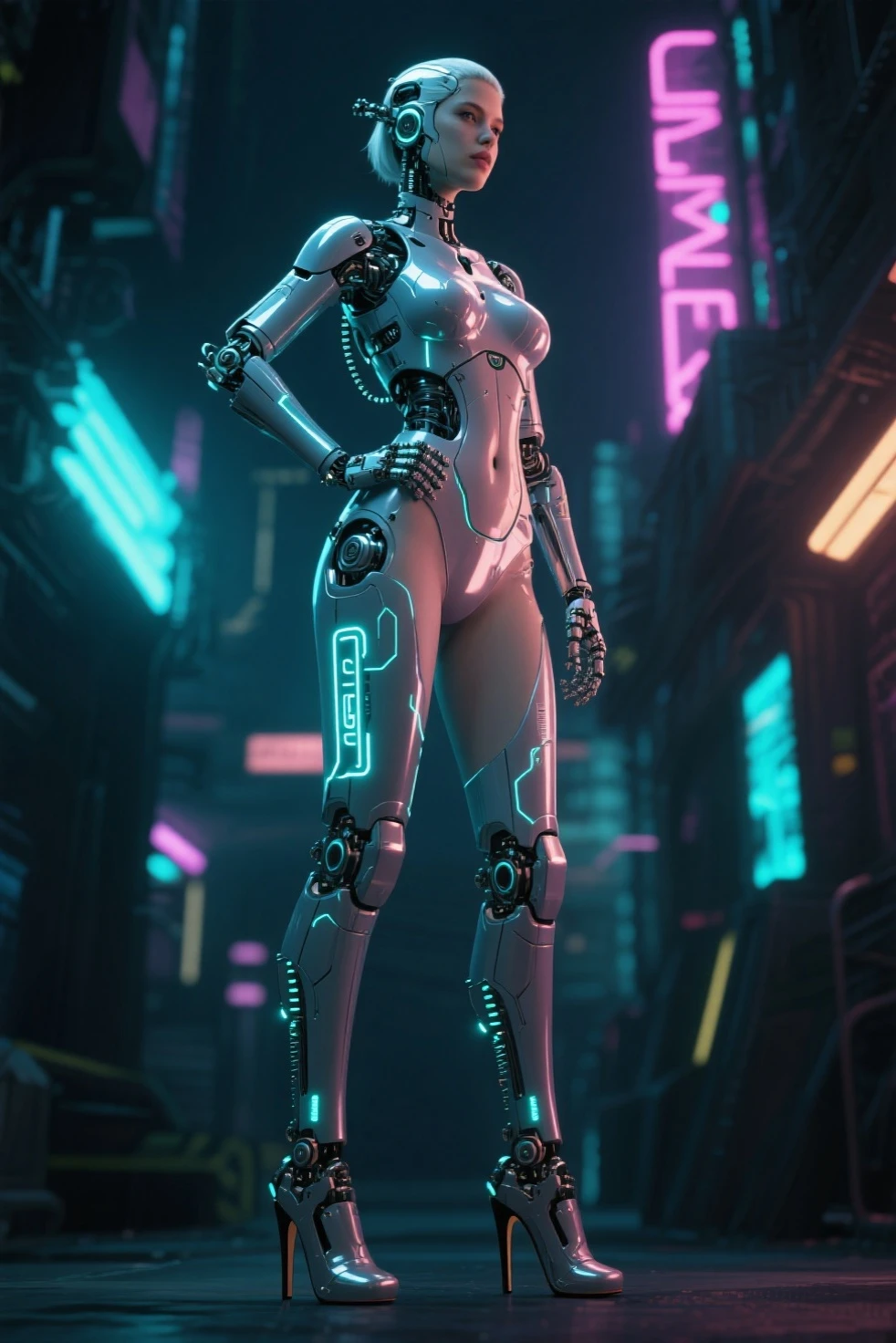 Woman's body defined thick thighs cybernetic body parts, cidade cyberpunk, arma grande.