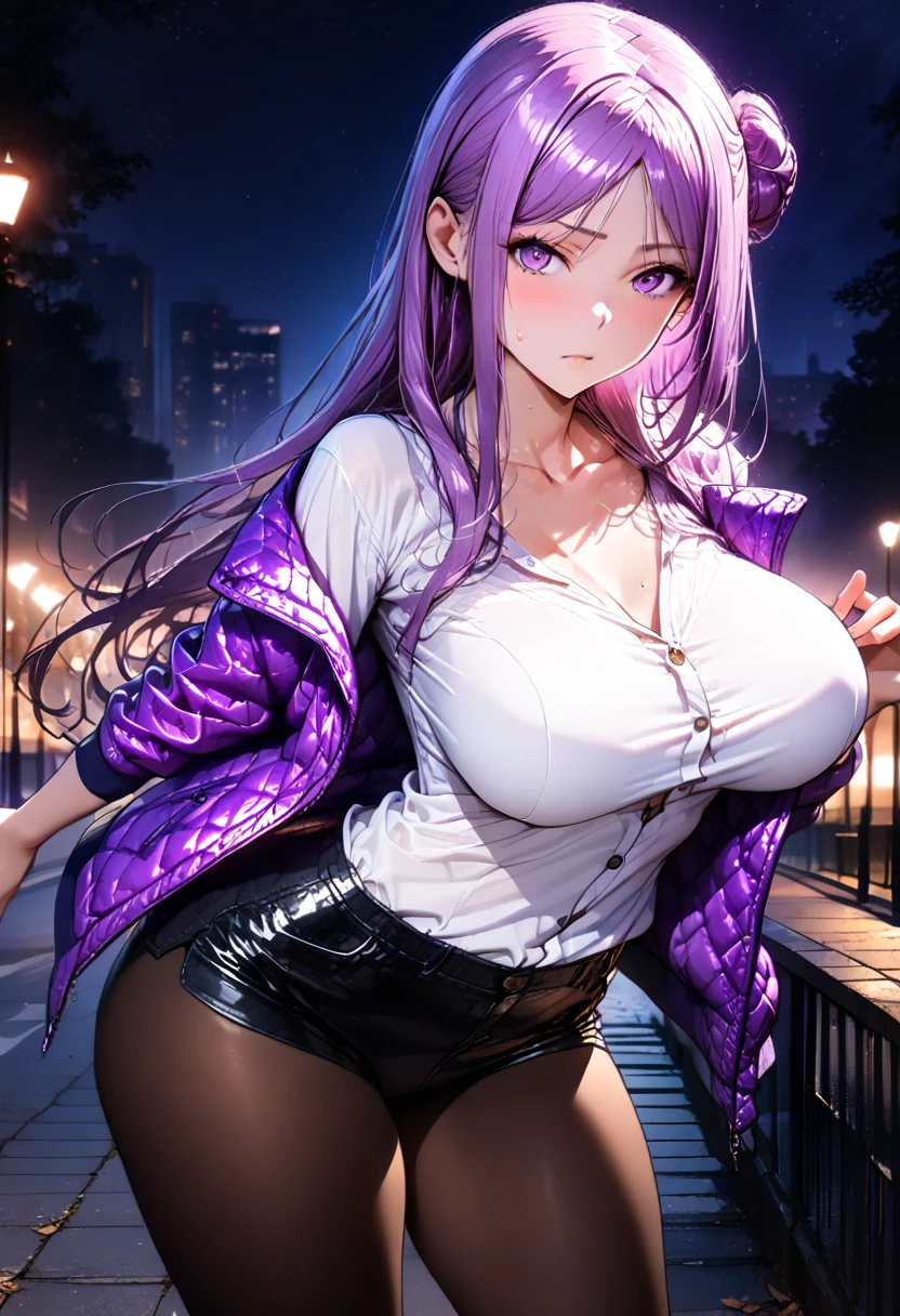 Wolf Girl, Large Breasts, Voluminous light purple hair, masterpiece , Red eyes, hd, Thick thighs, Head to Chest, buried in my chest、Double teeth、tooth、Chubby、Grinning、Vertical Line Camisole、Big Tits、Denim Jacket、white iris、
