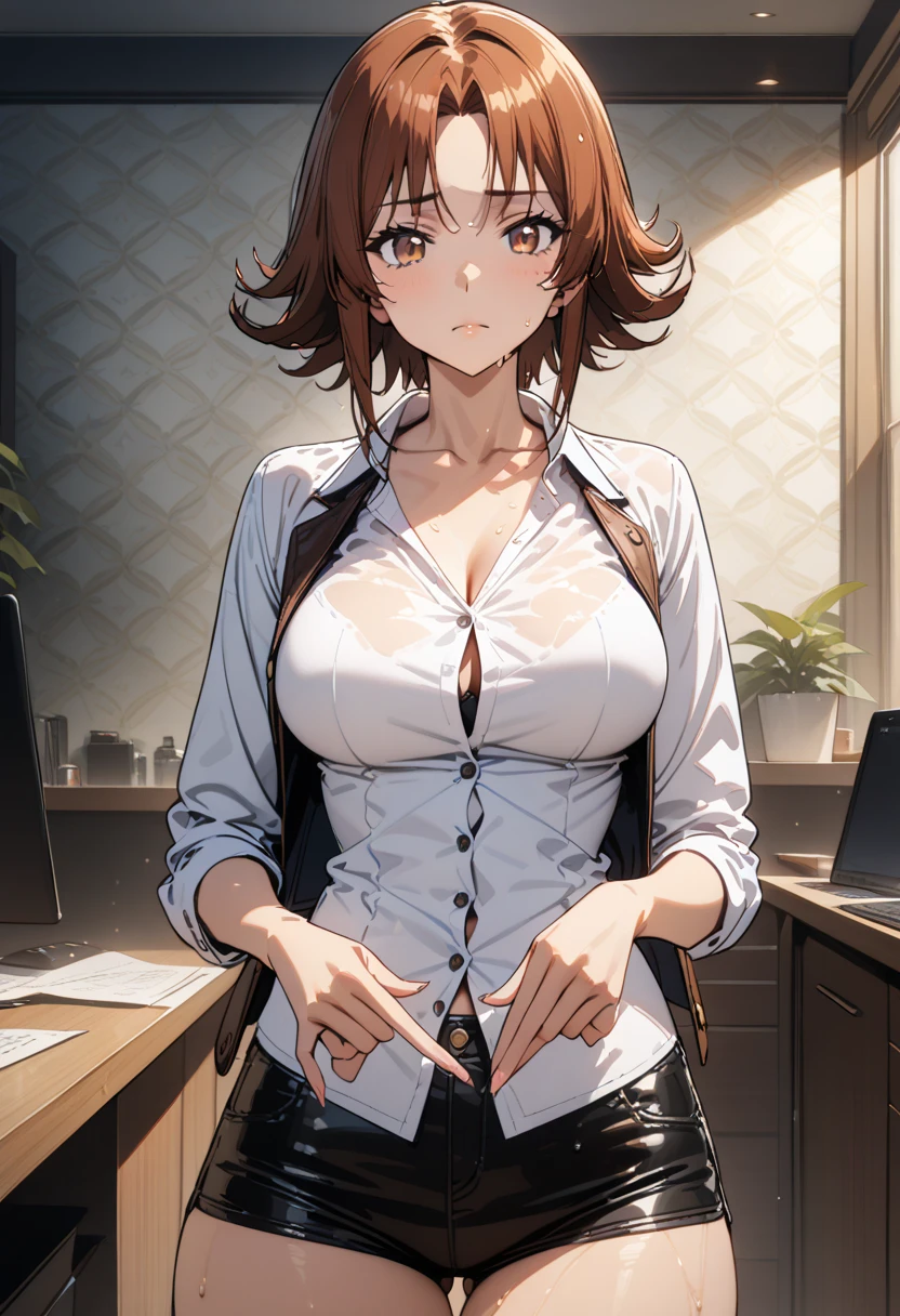 (masterpiece, best quality:1.2), solo, 1girl, red hair, yellow eyes, makima,, unbuttoned shirt with collar, on the chest, a lot of, black unbuttoned pants, wide hips,