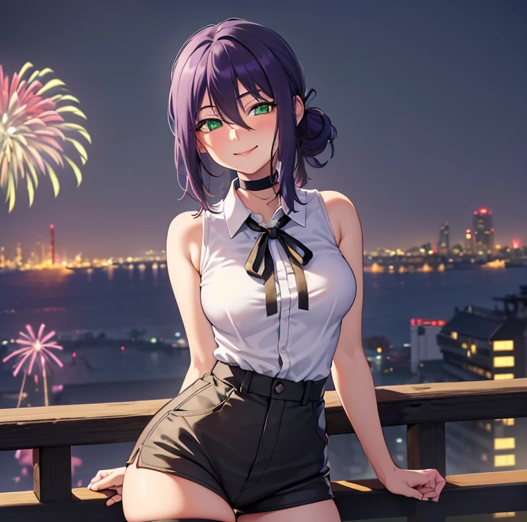1girl, alone, reze (chainsaw-man), masterpiece, ultra detailed, detailed eyes, sharp focus, seductive, smiling, blushing, closed mouth, detailed background, perfect body, curvy body, cowboy shot, dynamic posture, looking at spectator, hands on hips, medium breasts, medium waist, wide hips, wide thighs, round butt, black choker choker, purple hair eyebrows hidden by hair, (green eyes: 1.5), hair between eyes, long bangs medium hair, smile, bare shoulders, black ribbon, black shorts, collar, collared shirt, black ribbon, shirt ribbon, shorts, sleeveless, (white shirt: 1.2), smile, (new year festival: 1.4, fireworks: 1.5,leaning on a railing:1.3night:1.3,moon:1.4,metropolis japan:1.3,city lights:1.3),looking back,from behind,((focus on butt))pov(from below), perfect anatomy, perfect hands