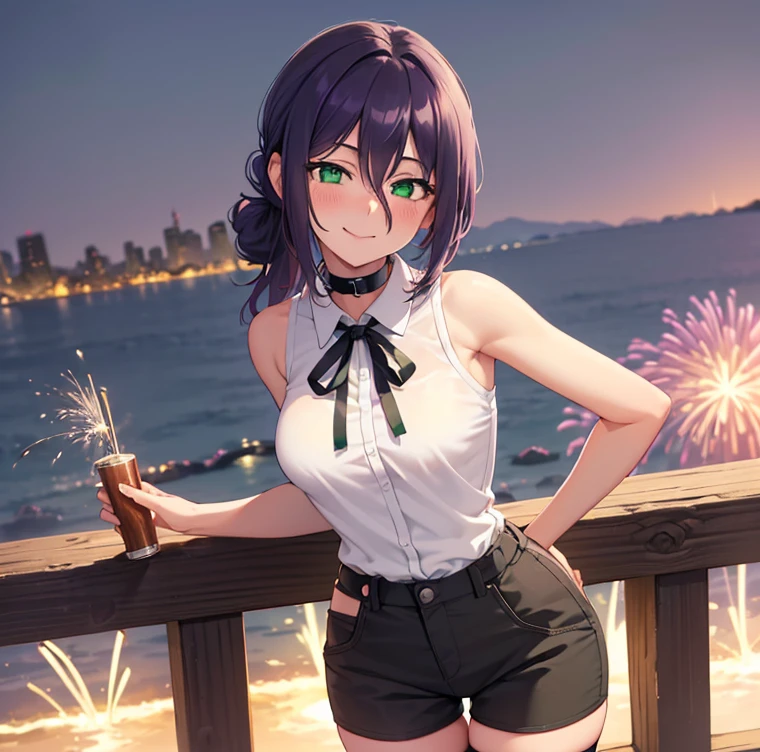 1girl,alone,reze (chainsaw-man),masterpiece,ultra detailed,detailed eyes,sharp focus,detailed background,perfect body,curvy body,cowboy shot,dynamic posture,looking at viewer,hands on hips,medium breasts , medium waist, wide hips, wide thighs, round butt, black choker choker, purple hair eyebrows hidden by hair, (green eyes: 1.5), hair between eyes, long bangs medium hair, smile, bare shoulders, black ribbon, pants black shorts, collar, collared shirt, black ribbon, shirt ribbon, shorts, sleeveless, (white shirt: 1.2), smile, (new year festival: 1.4, fireworks: 1.5, leaning on a railing: 1.3 night :1.3,moon:1.4,japan metropolis:1.3,city lights:1.3),looking forward,((focus on breasts)),pov(from middle)),perfect anatomy,perfect hands