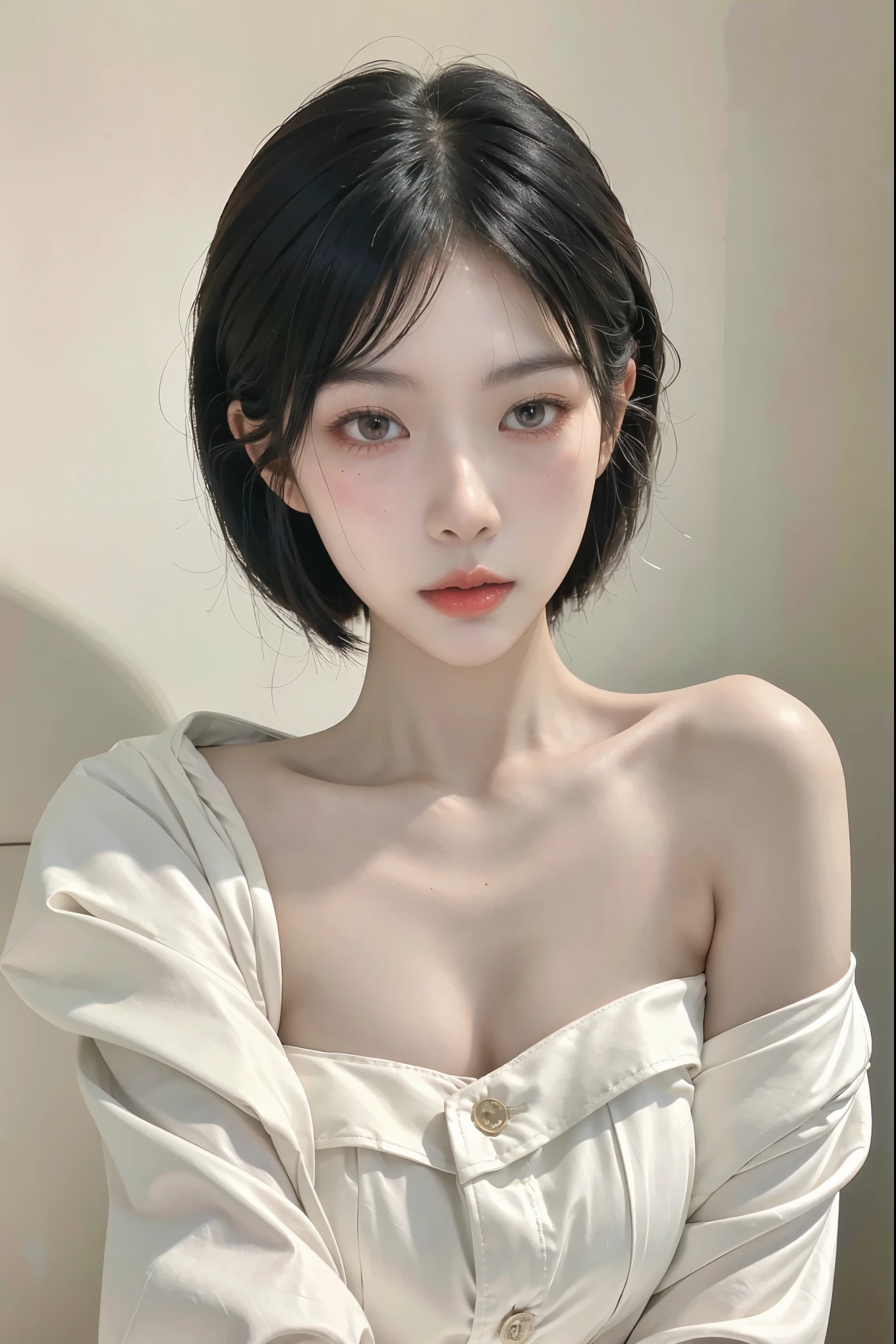 RAW photo, extremely delicate and beautiful, masterpiece, Best Quality, ultra high resolution, 16k, hyperrealistic, ultra-detailed, (perfect anatomy), super Detailed skin, perfect figure, Very detailed CG 8k wallpaper, in her 20s, narrow waist, delicate facial features, tearful mole, earring, ( round breasts), ((1 girls))), short hair, (wavy hair), (very sexy unbotton mini with thight mini short skirt, 23 yo model woman, onlyfans model, adult movies actress ,young sexy malay indoasia mixed woman , solo, sexy seductive look