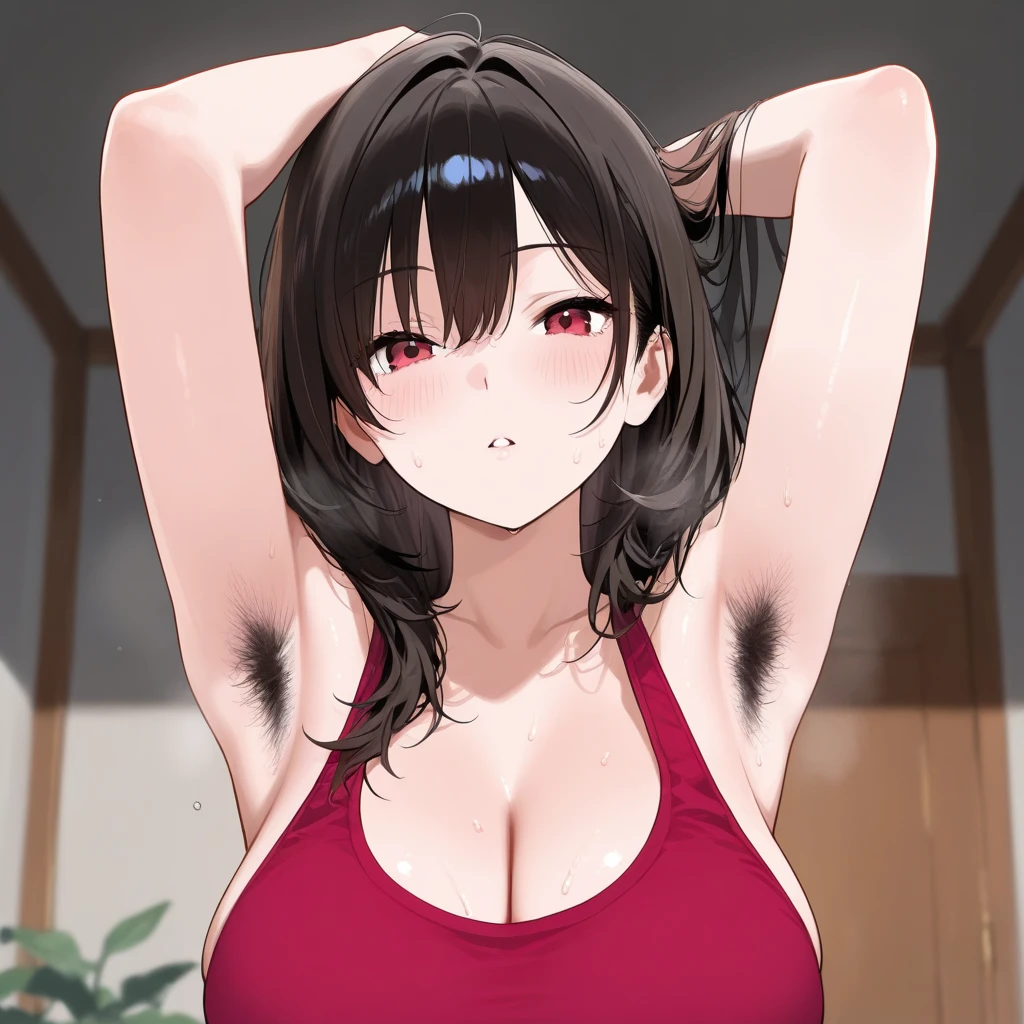 nsfw,1girl,Solo,upper body,black hair,red eyes,bare breasts,Criss Cross,Bikini,big breast,attractive,masterpiece,best quality,very aesthetic,absurdres ,front view,looking at viewer
