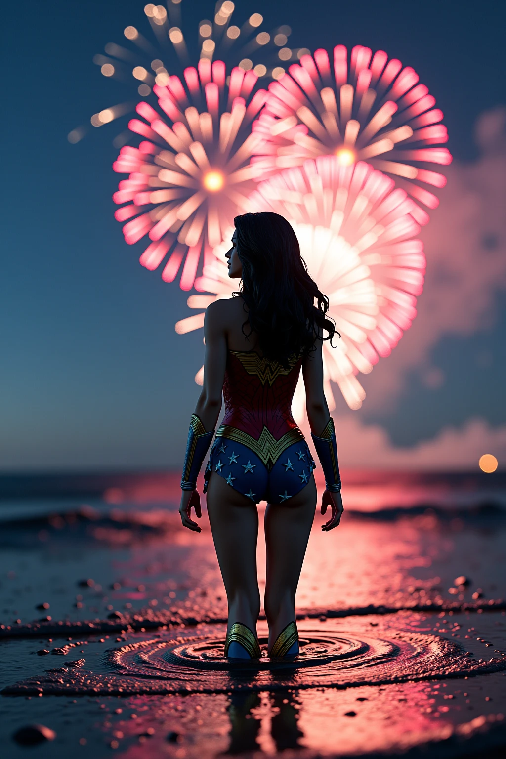 Picture a grand 4th of July celebration where fireworks explode in the night sky, intertwining with fractal patterns, creating a mesmerizing display of patriotic colors and abstract shapes. enormous tits, (full body:1.5)