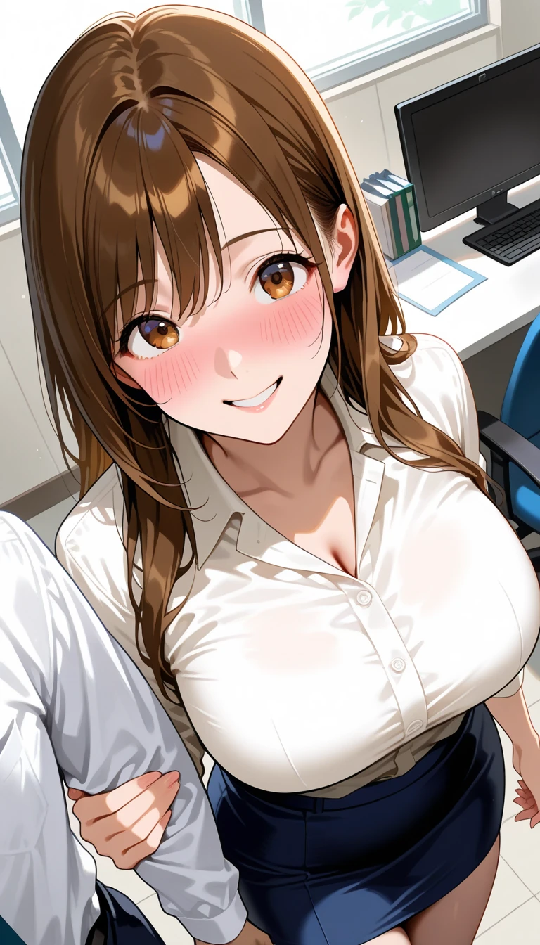 (masterpiece:1.3), high resolution, ultra detailed, extremely detailed CG unity 8k wallpaper, realistic, photo-realistic, RAW photo, beautiful detailed face, pale skin, realistic glistening skin, detailed cloth texture, detailed hair texture, Perfect body, Beautiful Face, accurate, Anatomically correct, Highly detailed face and skin texture, natural neck length, (beautiful handair skin:1.2), Thin legs, Thin feet, 
BREAK, 
Detailed eyes, symmetric eyes, Light Brown eyes, Double eyelids, Thin eyebrows, (Glossy lips:1.4), ((gently smile, waiting for kiss:1.2)), (blush:1.1),
BREAK, 
(A Classy and Cute girl:1.3), (wearing a classy Light Purple Button shirt:1.2), (Wearing a long pencil skirt:1.2), close the button, 
medium large breasts, (slender figure:1.1), firm abs, beautiful clavicle, 
(Dark blonde hair, wavy hair, long hair:1.2), ((asymmetrical bangs:1.2)), 
BREAK, 
((Standing inside the reception desk, leaning forward:1.1)), (at the modern office building of Japan:1.2), (face close up:1.2), looking at viewer, from front,