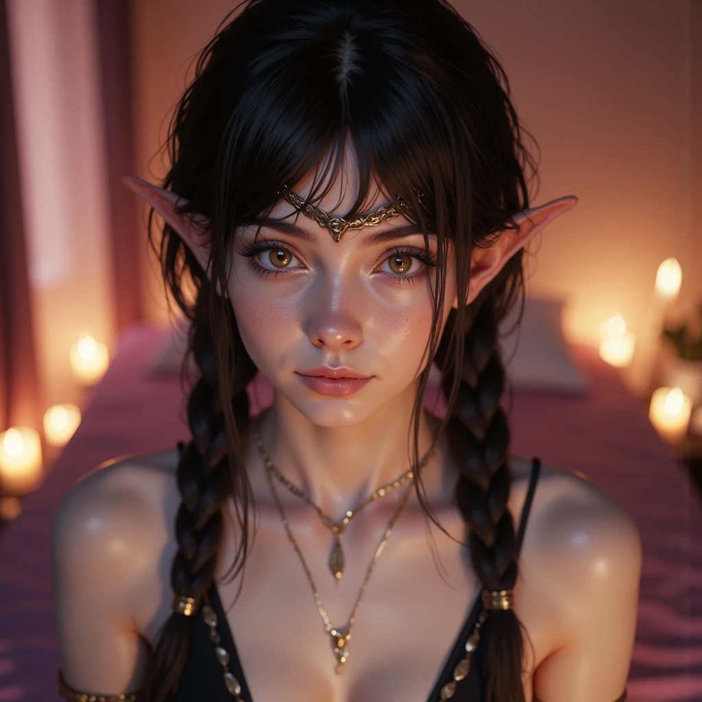 score_9, score_8_up, score_7_up, score_6_up, score_5_up, 1girl, solo, black hair, wavy hair, long hair, blue eyes, glowing eyes, sultry eyes, juicy lips, plump lips, glossy lips, soft blush, dolly face, small elf ears, eyelashes, eyeliner, large breasts, thick ass, pale skin, black latex dress, short dress, standing sexily, realistic background, cinematic lightning, very detailed clothes, very detailed face, very detailed eyes, very detailed hair, ultra, best quality, masterpiece, looking at viewer, in love with the viewer.
