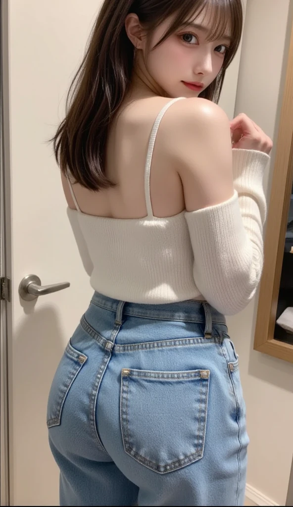 On the balcony with a beautiful night view、Pose with buttocks sticking out、(top-quality、8K、masterpiece:1.3))、foco nítido:1.2、Beautiful Women in Perfect Style:1.4、Slender Abs:1.2、((dark brown hair、Colossal tits:1.2))、(Rib Sweater: 1.3), off-the-shoulder sweater, (Shorts: 1.2),(fidelity:1.3),Filigree,quality,(tmasterpiece:1.2),(fidelity:1.2)(Crawling, falling flat, Very trendy, Ass up, Look at viewers))、(Hotel room with beautiful night view:1.1)、A detailed eye、二重まぶた、A smile、